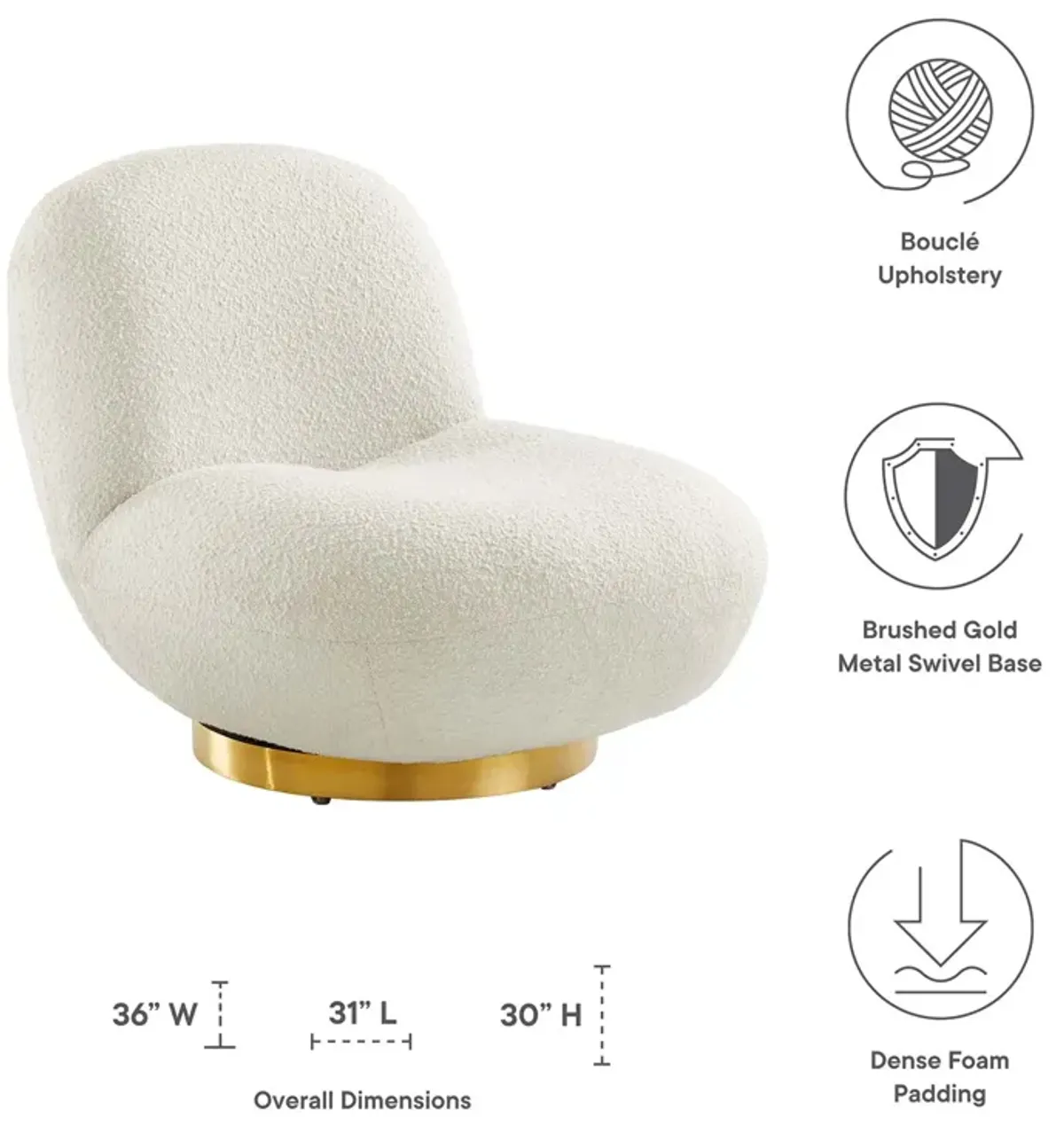 Kindred Boucle Upholstered Upholstered Fabric Swivel Chair White EEI-5485-GLD-IVO