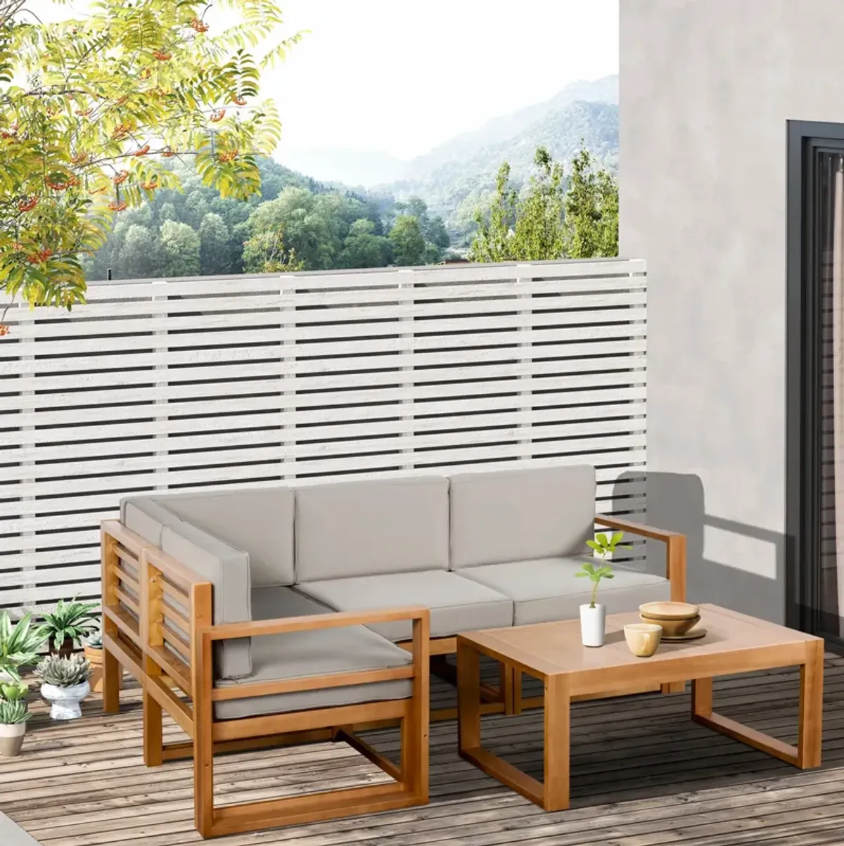 Grey Garden Conversation: 5-Seater Wood Outdoor Sectional Set