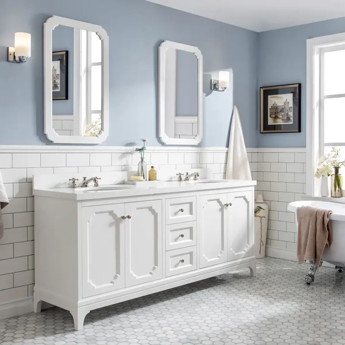 Queen 72 In. Double Sink Sink Carrara Quartz Countertop Bath Vanity in Pure White with Polished Nickel (PVD) Hardware