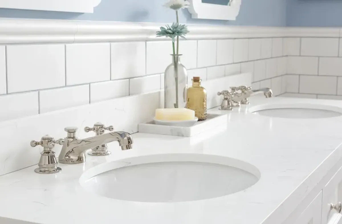 Queen 72 In. Double Sink Sink Carrara Quartz Countertop Bath Vanity in Pure White with Polished Nickel (PVD) Hardware