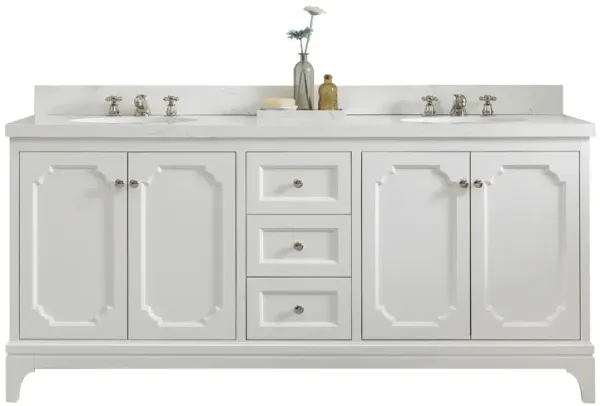 Queen 72 In. Double Sink Sink Carrara Quartz Countertop Bath Vanity in Pure White with Polished Nickel (PVD) Hardware