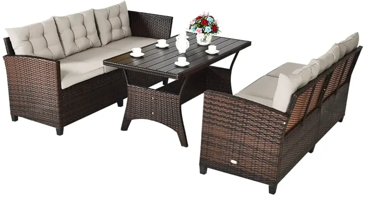 3 Pieces Hand-Woven Rattan Outdoor Sofa Set with Dining Table