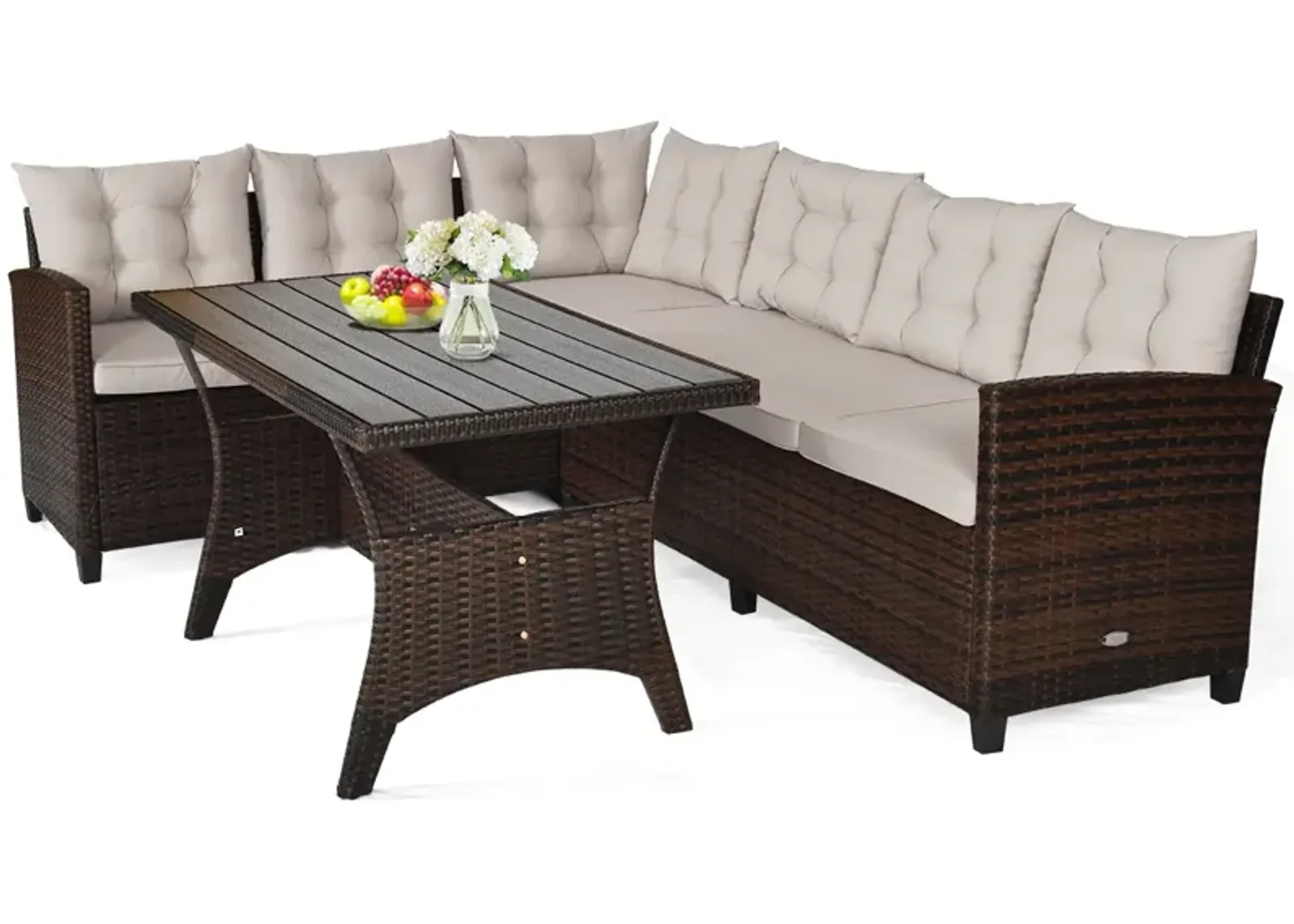 3 Pieces Hand-Woven Rattan Outdoor Sofa Set with Dining Table