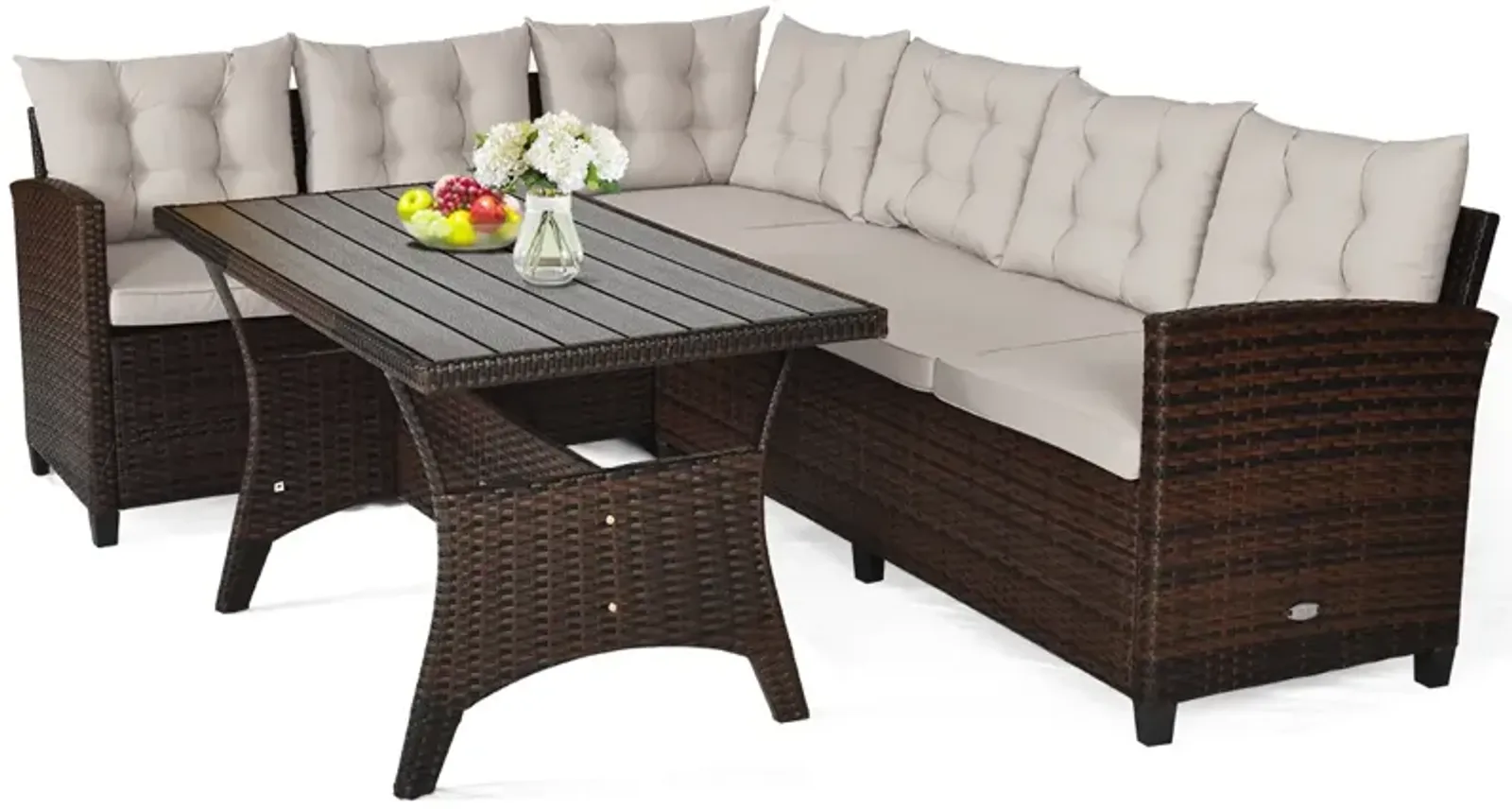 3 Pieces Hand-Woven Rattan Outdoor Sofa Set with Dining Table