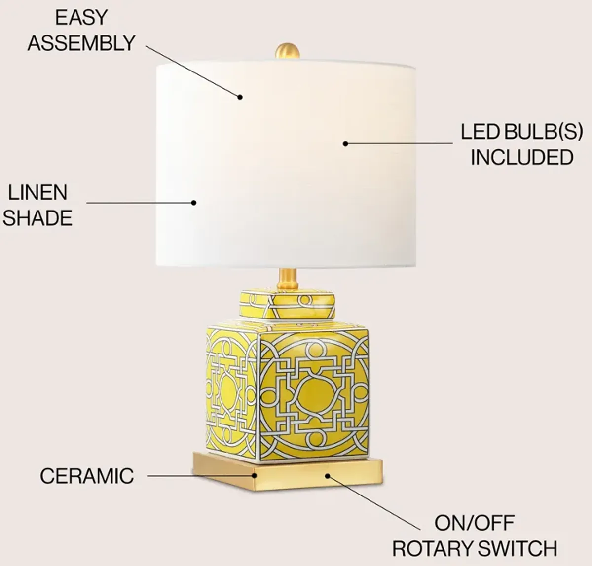 Catherine Modern Transitional Ceramic Metal Square Ginger Jar LED Table Lamp
