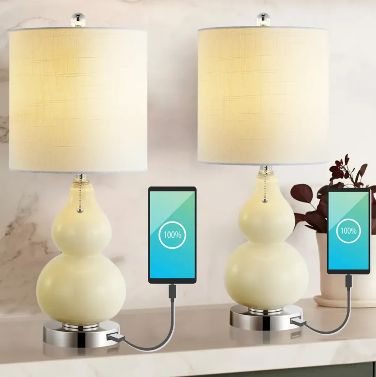 Cora Classic Vintage Glass LED Table Lamp with USB Charging Port (Set of 2)