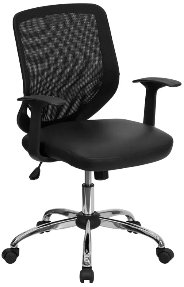 Norris Mid-Back Black Mesh Tapered Back Swivel Task Office Chair with LeatherSoft Seat, Chrome Base and T-Arms