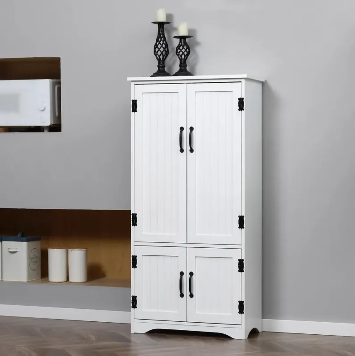 White Kitchen Storage: Floor Cabinet with 4 Doors and Adjustable Shelves