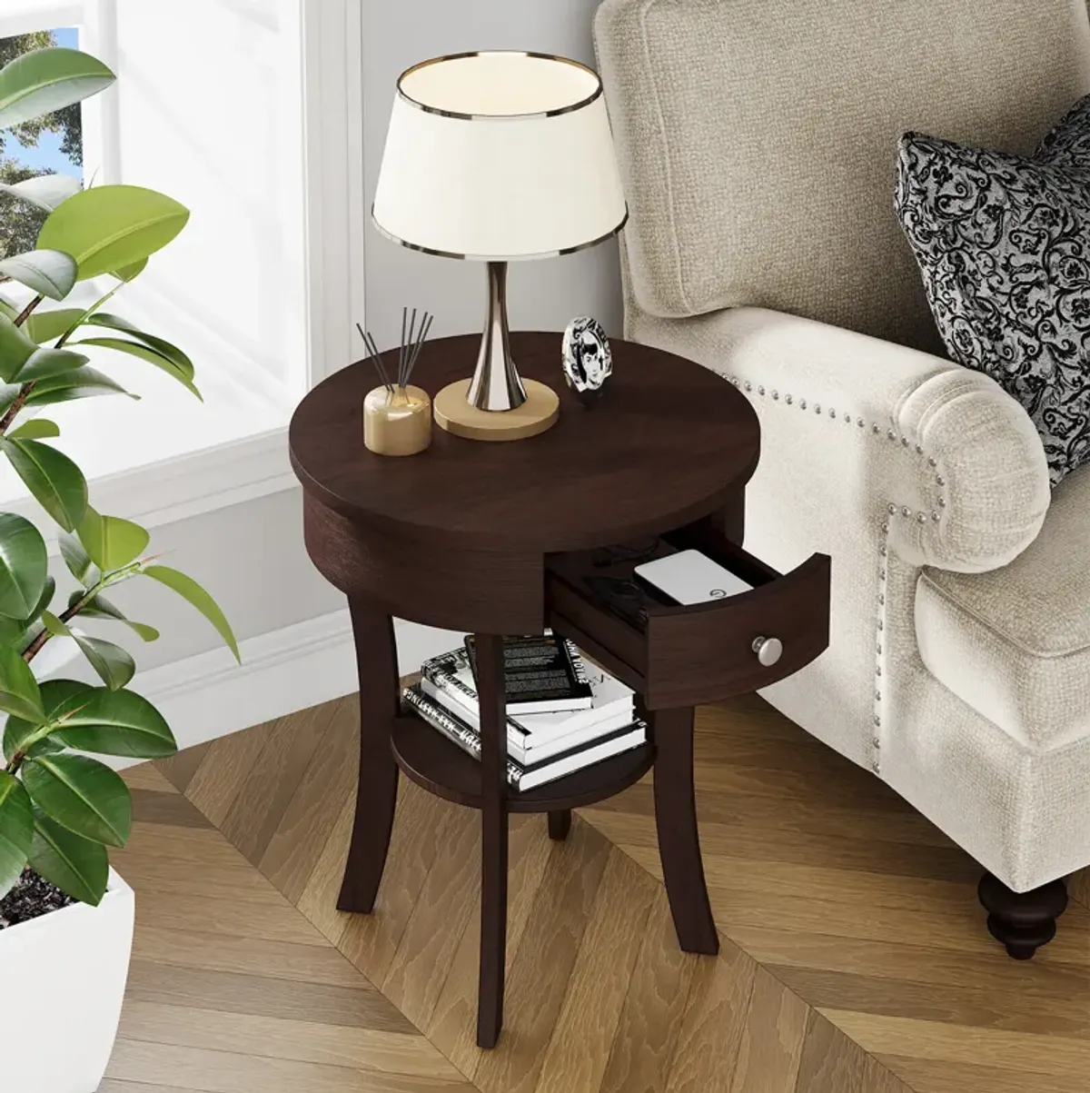 2-Tier Wood Round End Table with Open Drawer for Living Room or Bedroom Storage and Decor