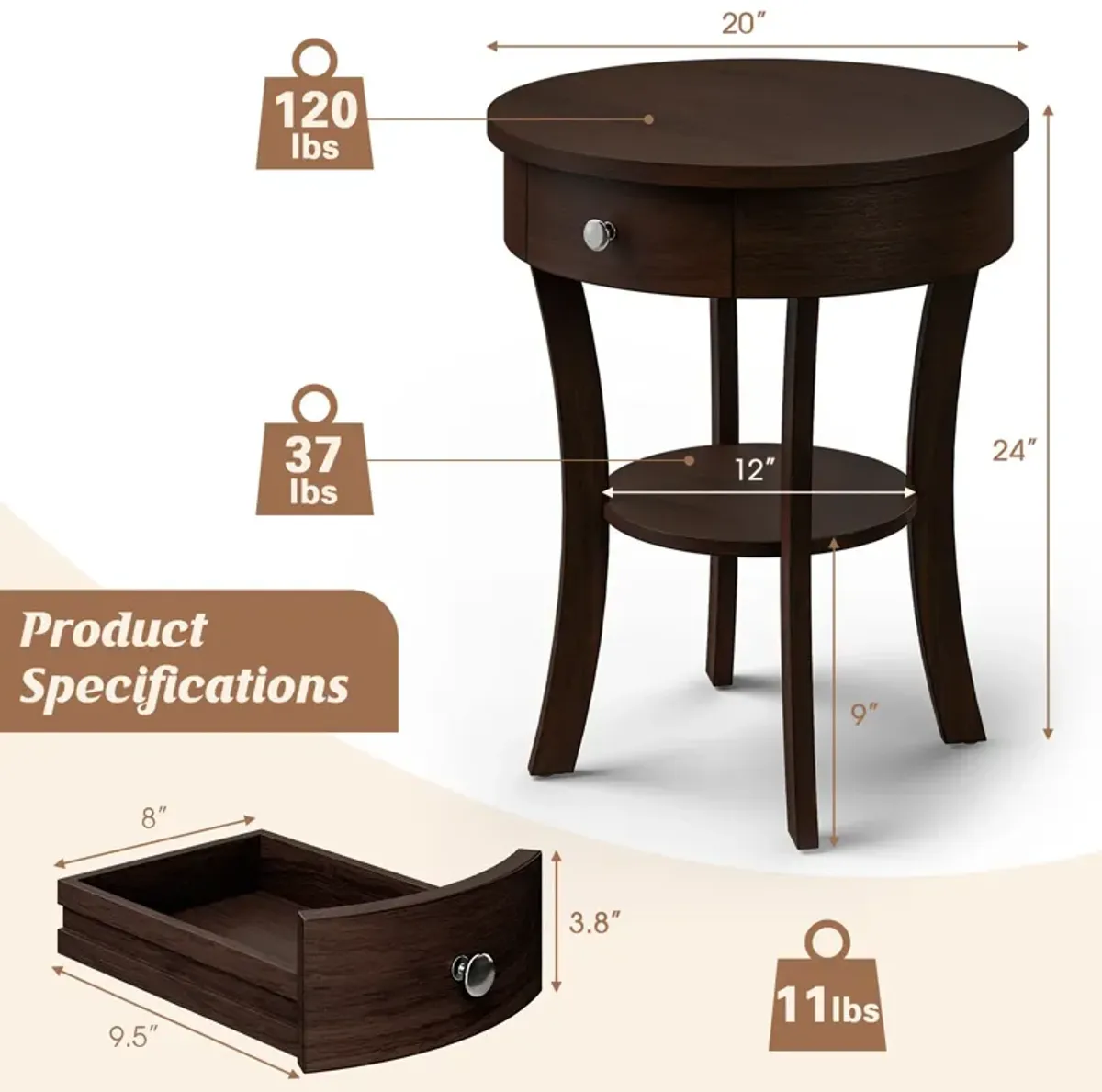 2-Tier Wood Round End Table with Open Drawer for Living Room or Bedroom Storage and Decor