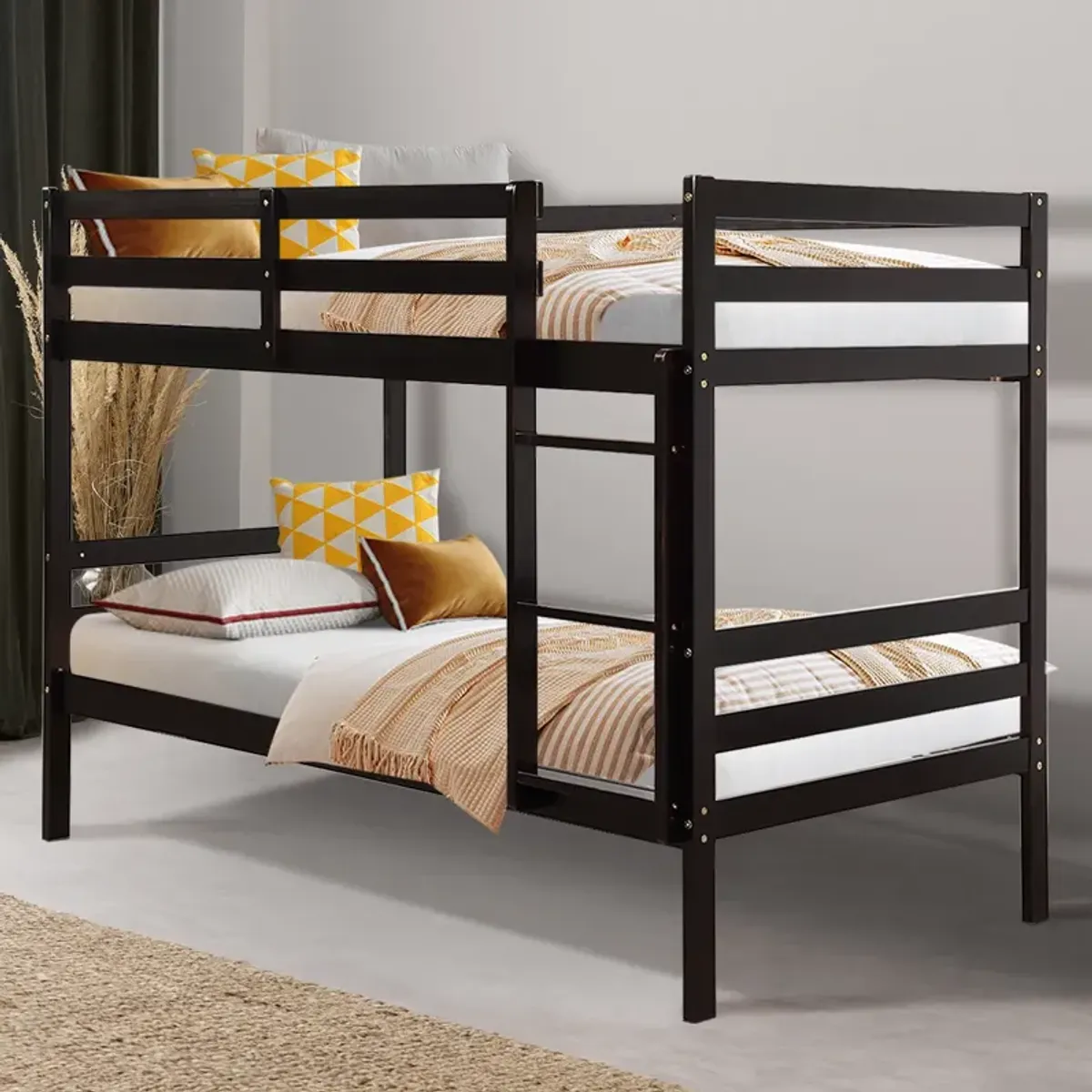 Twin Size Sturdy Wooden Bunk Beds with Ladder and Safety Rail