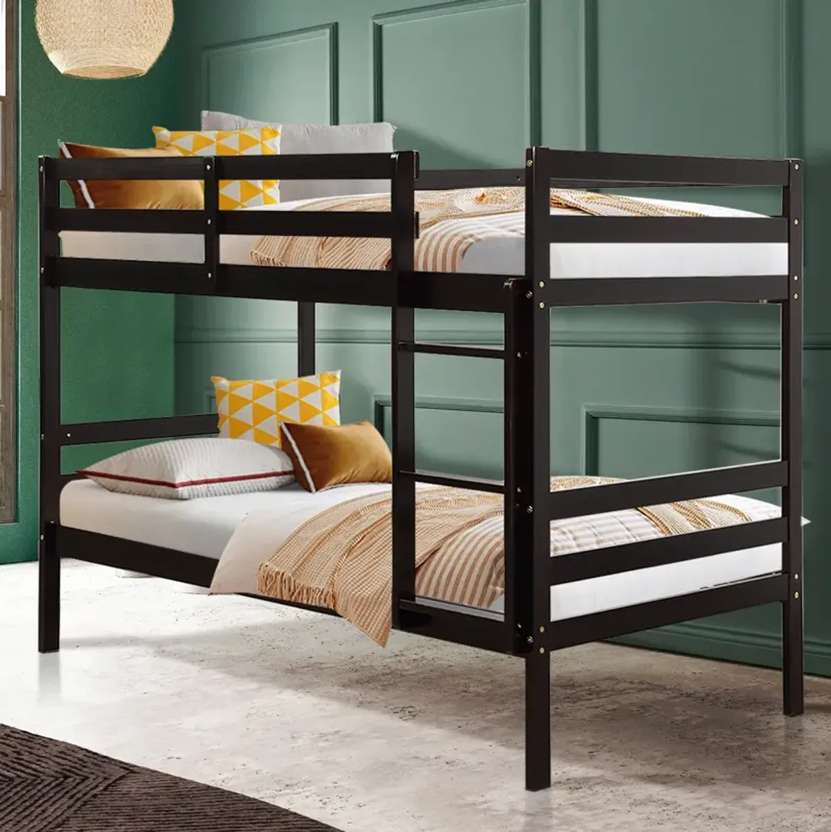 Twin Size Sturdy Wooden Bunk Beds with Ladder and Safety Rail