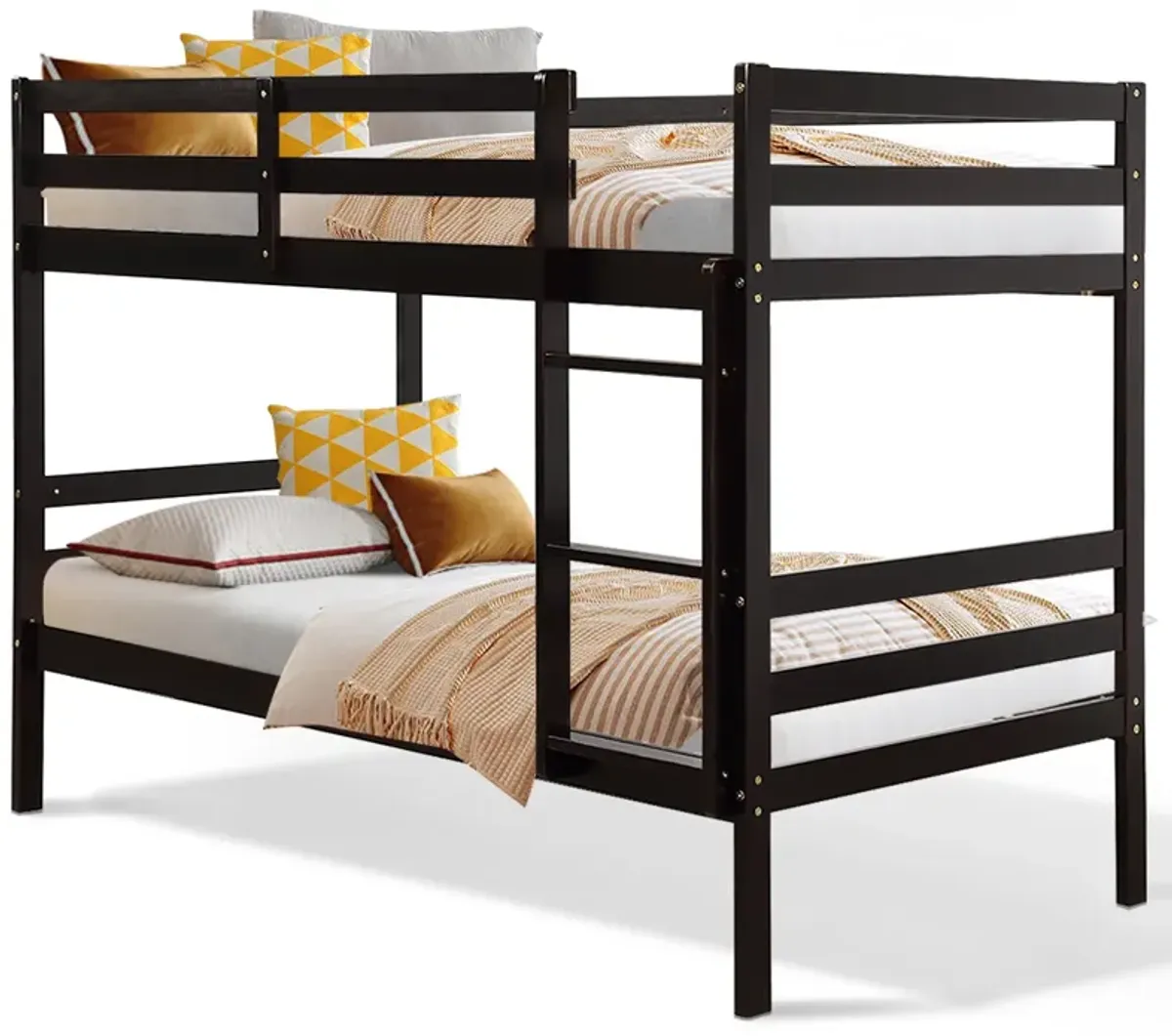 Twin Size Sturdy Wooden Bunk Beds with Ladder and Safety Rail