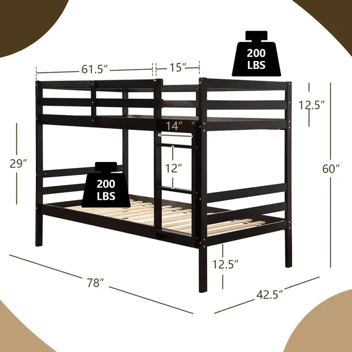 Twin Size Sturdy Wooden Bunk Beds with Ladder and Safety Rail