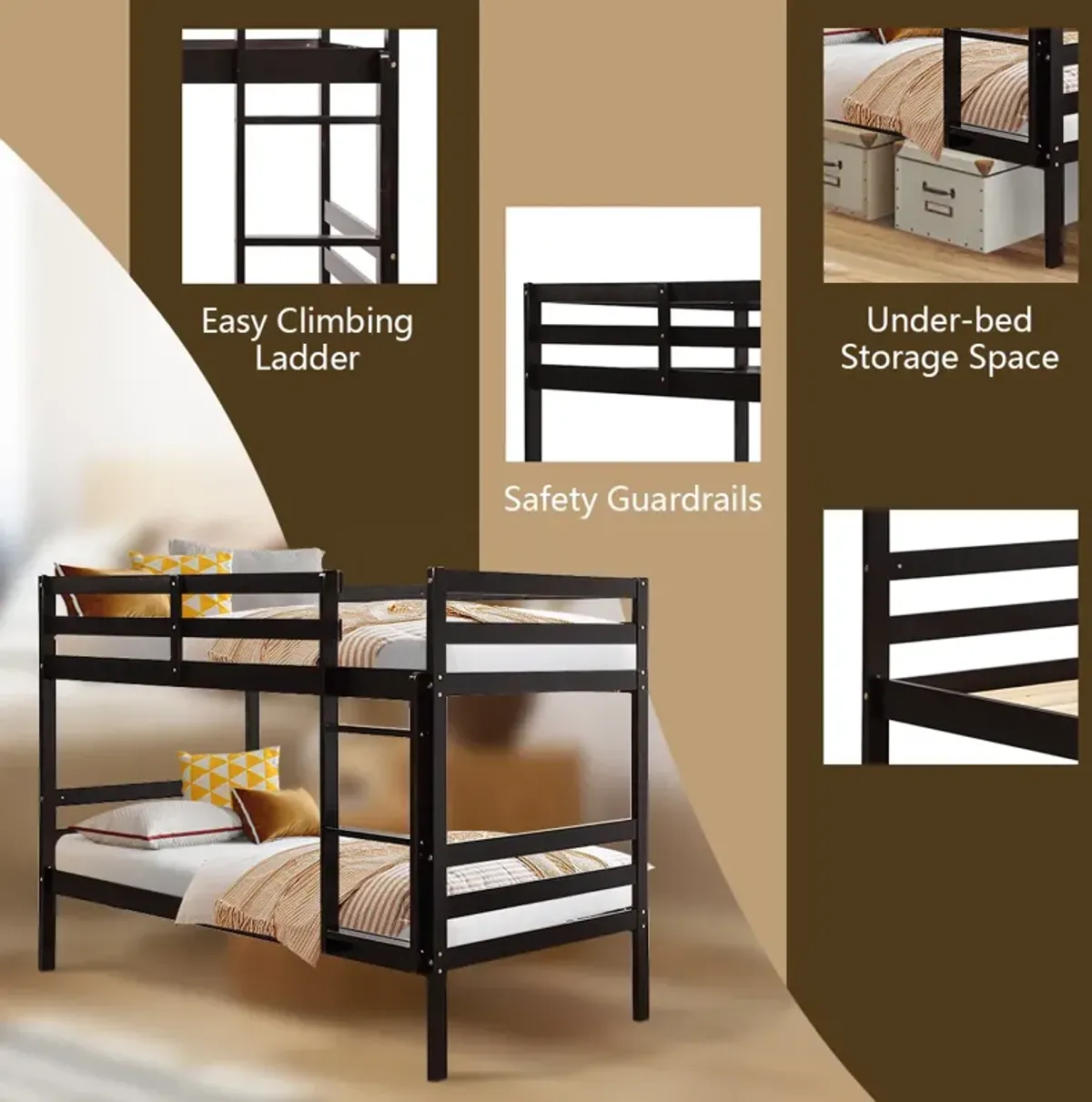 Twin Size Sturdy Wooden Bunk Beds with Ladder and Safety Rail