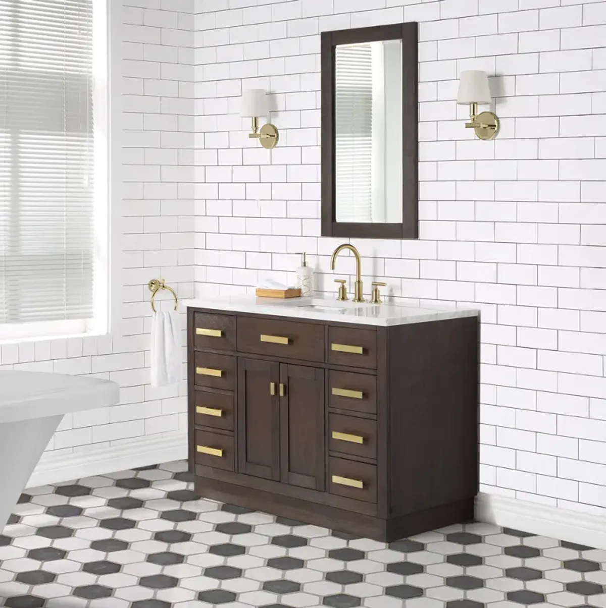 Chestnut 48 In. Single Sink Carrara White Marble Countertop Bath Vanity In Brown Oak with Satin Gold Hardware