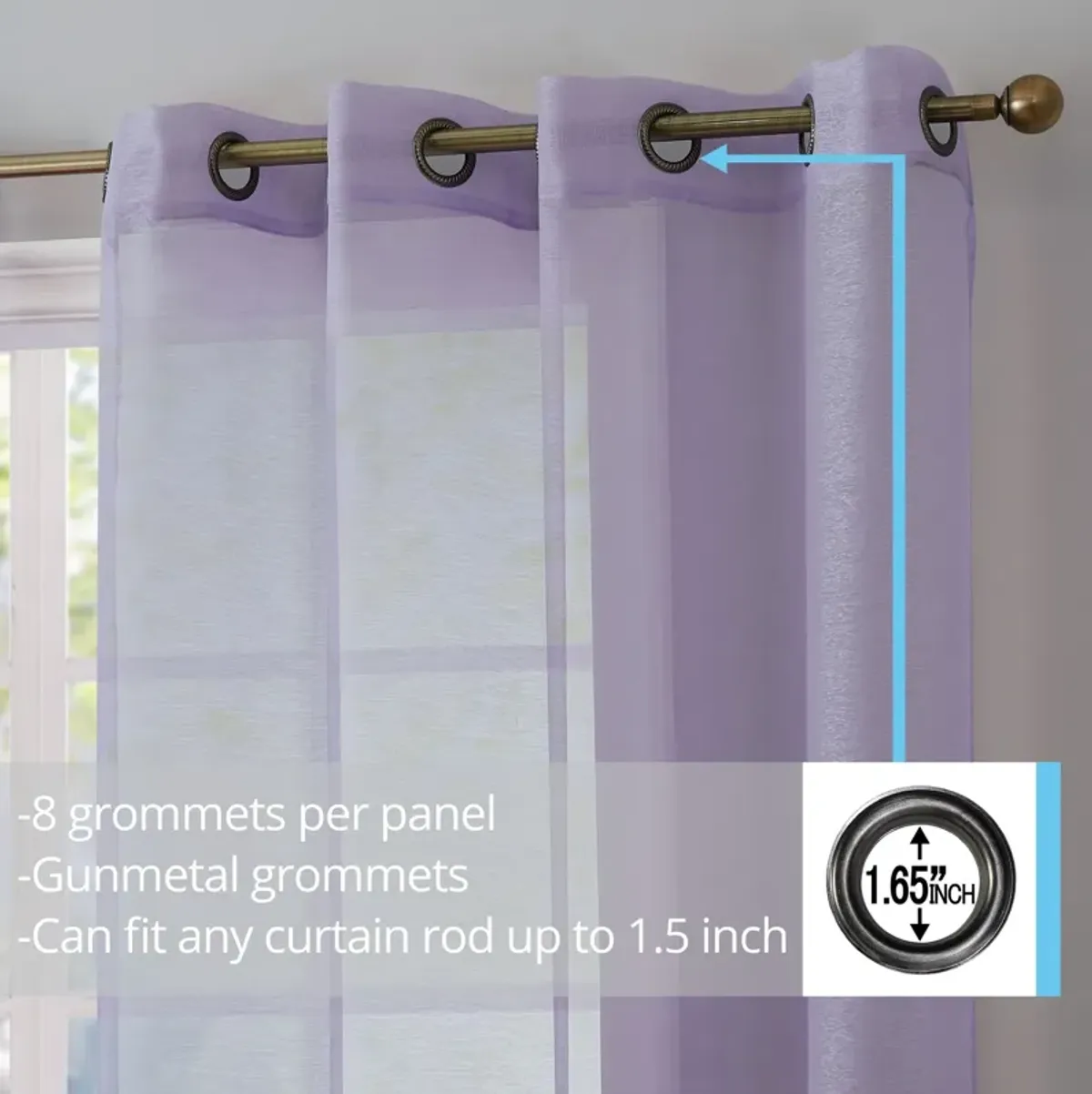 THD Basics 2 Piece Semi Sheer Voile Window Curtain Drapes Grommet Top Panels for Bedroom, Living Room & Kids Room - Set of 2 panels