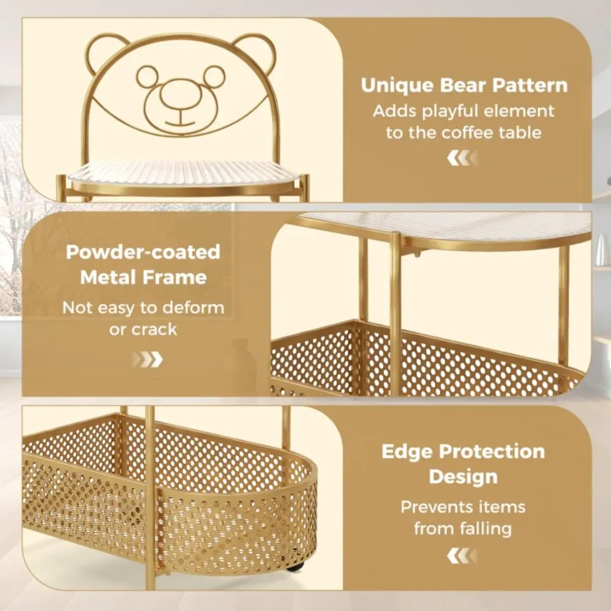 Hivvago 2-Tier Mobile Glass Coffee Table with Bear Pattern