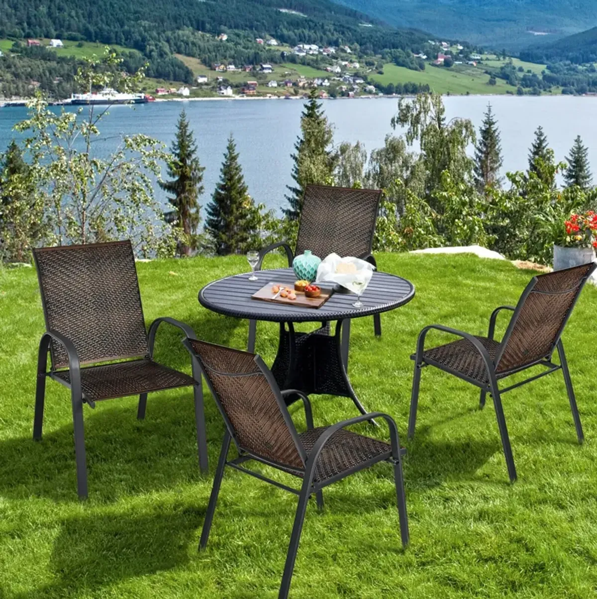 Set of 6 Outdoor PE Wicker Stackable Chairs with Sturdy Steel Frame