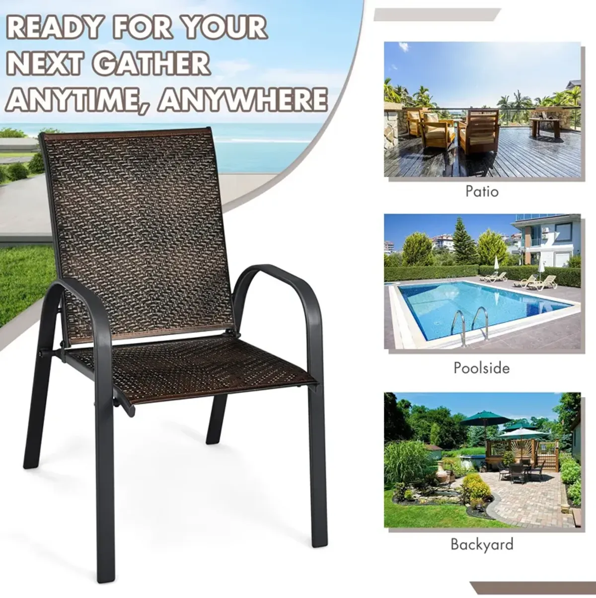 Set of 6 Outdoor PE Wicker Stackable Chairs with Sturdy Steel Frame