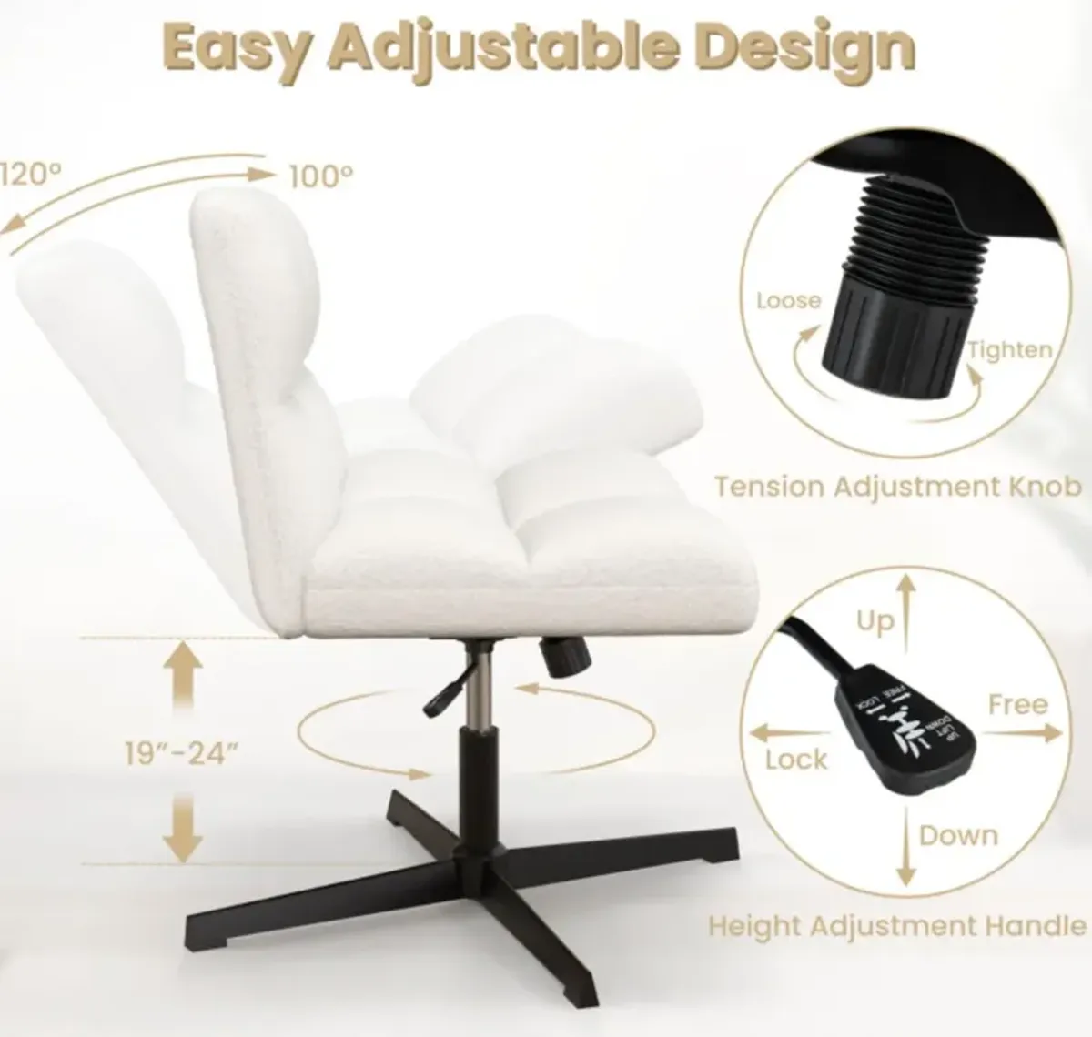 Hivvago Office Armless Chair Cross Legged with Imitation Lamb Fleece and Adjustable Height