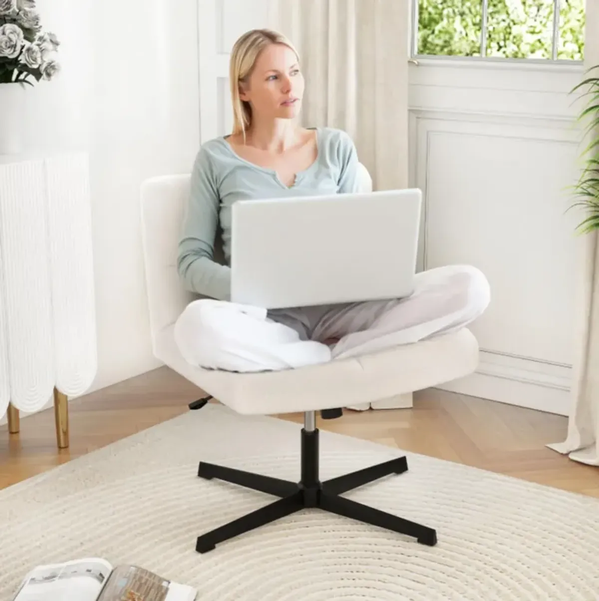 Hivvago Office Armless Chair Cross Legged with Imitation Lamb Fleece and Adjustable Height