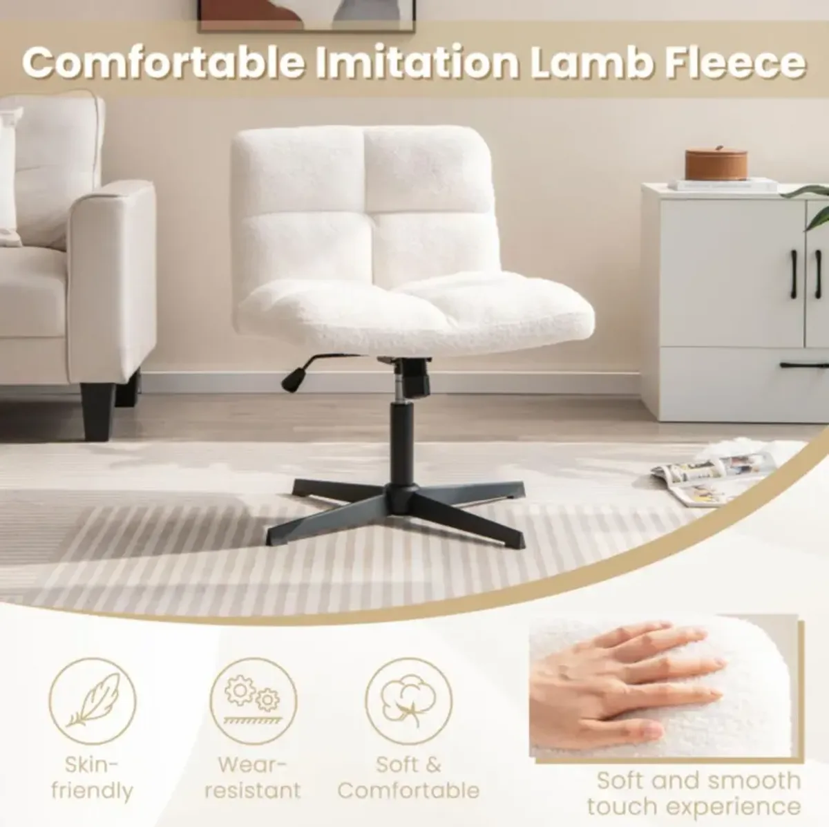 Hivvago Office Armless Chair Cross Legged with Imitation Lamb Fleece and Adjustable Height