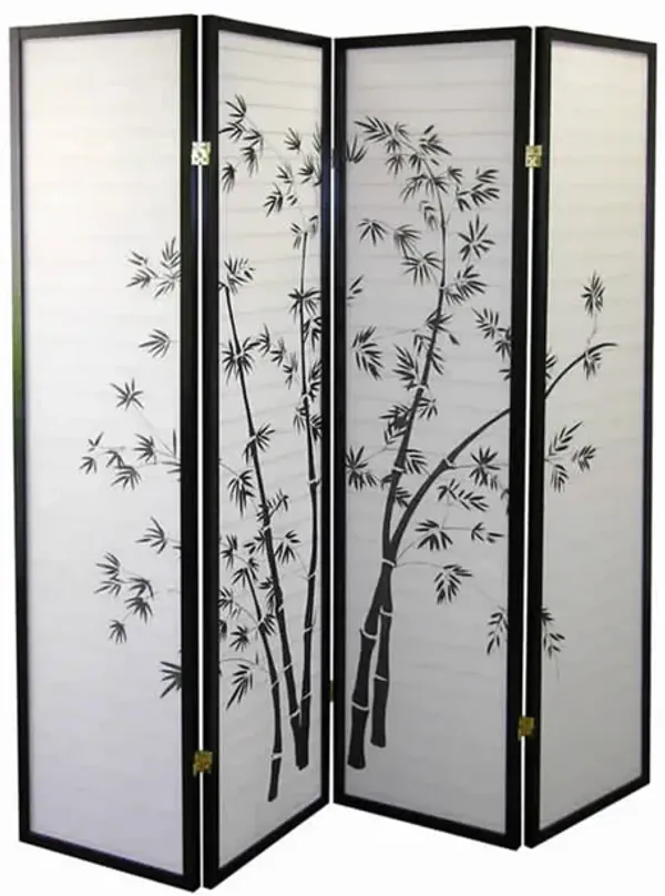 Wood and Paper 4 Panel Room Divider with Bamboo Print, White and Black-Benzara