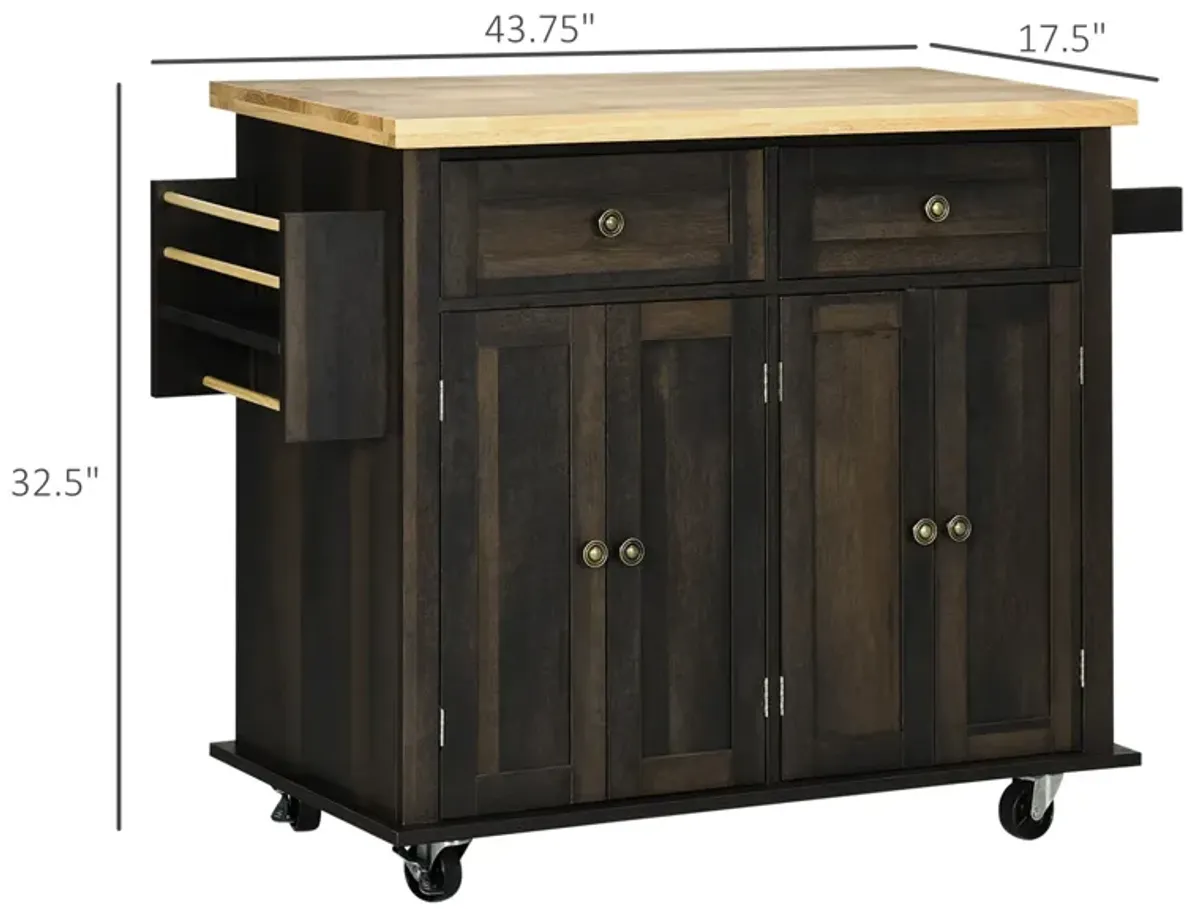 Brown Oak Kitchen Trolley: Rolling Cart with Rubberwood Top & Racks