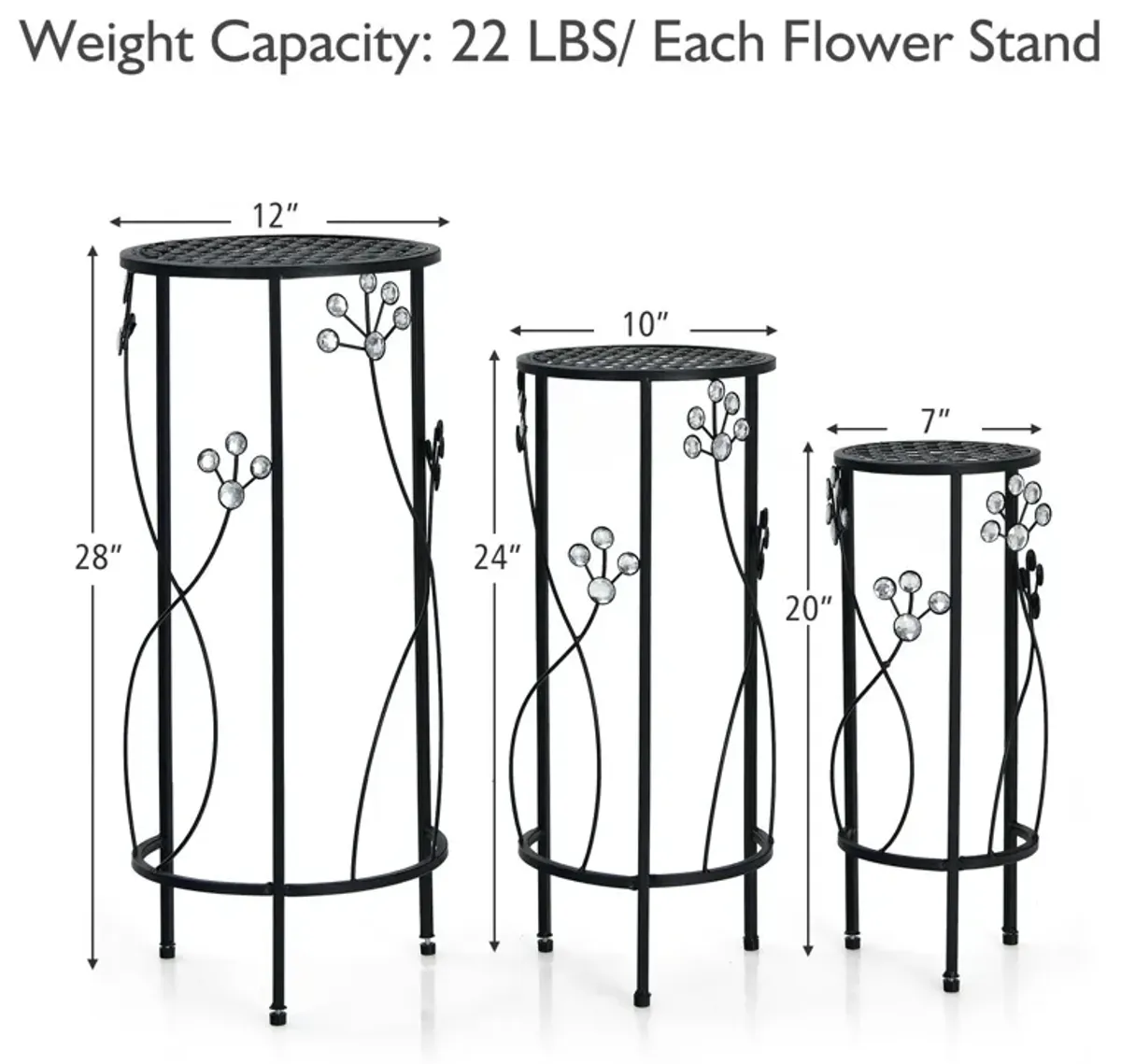 3 Pieces Metal Plant Stand Set with Crystal Floral Accents Round-Black