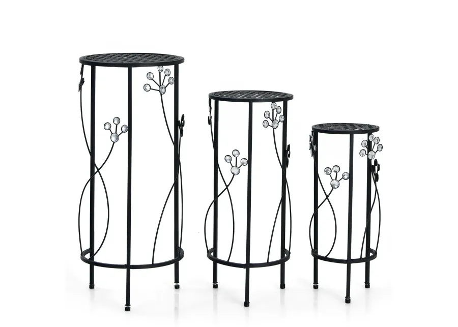 3 Pieces Metal Plant Stand Set with Crystal Floral Accents Round-Black