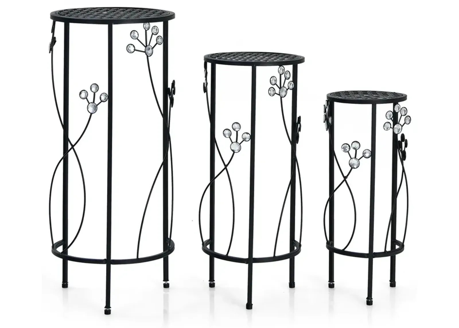 3 Pieces Metal Plant Stand Set with Crystal Floral Accents Round-Black