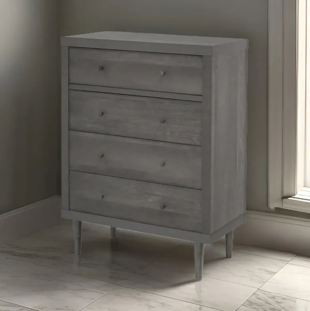 Minie Tall Dresser Chest with 4 Drawers, Rubberwood Legs, Modern Gray - Benzara