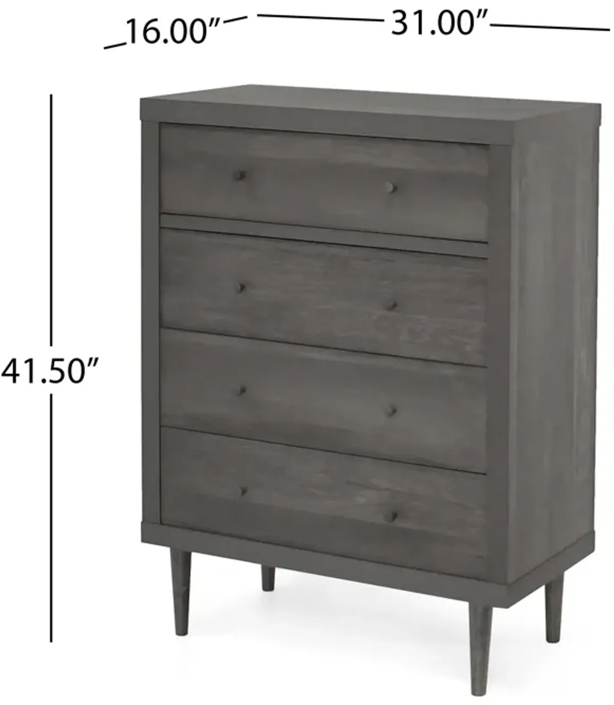 Minie Tall Dresser Chest with 4 Drawers, Rubberwood Legs, Modern Gray - Benzara