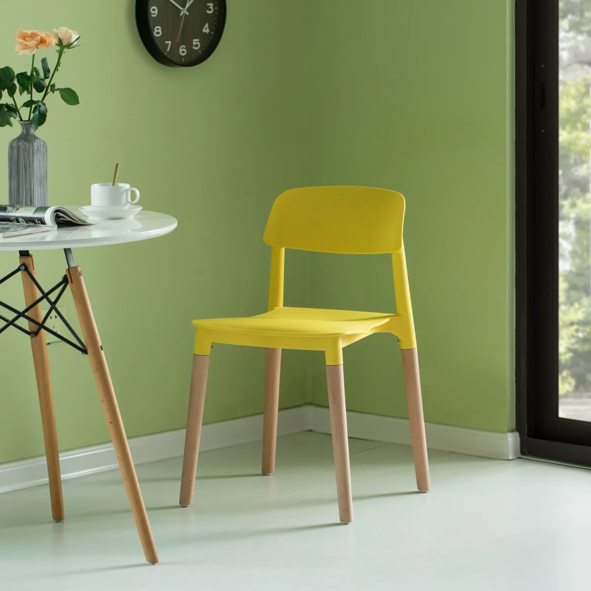 Modern Plastic Dining Chair Open Back with Beech Wood Legs, Yellow