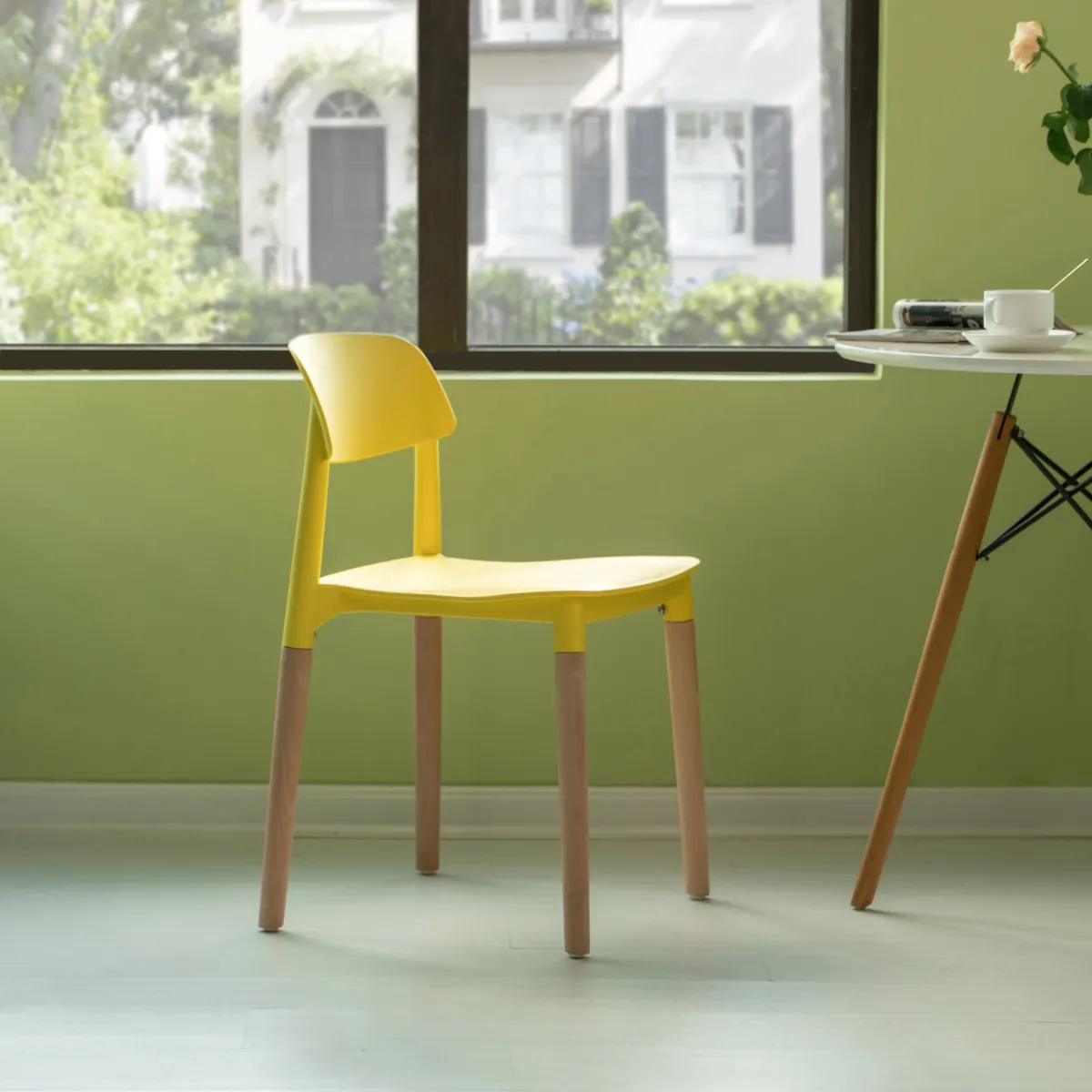 Modern Plastic Dining Chair Open Back with Beech Wood Legs, Yellow