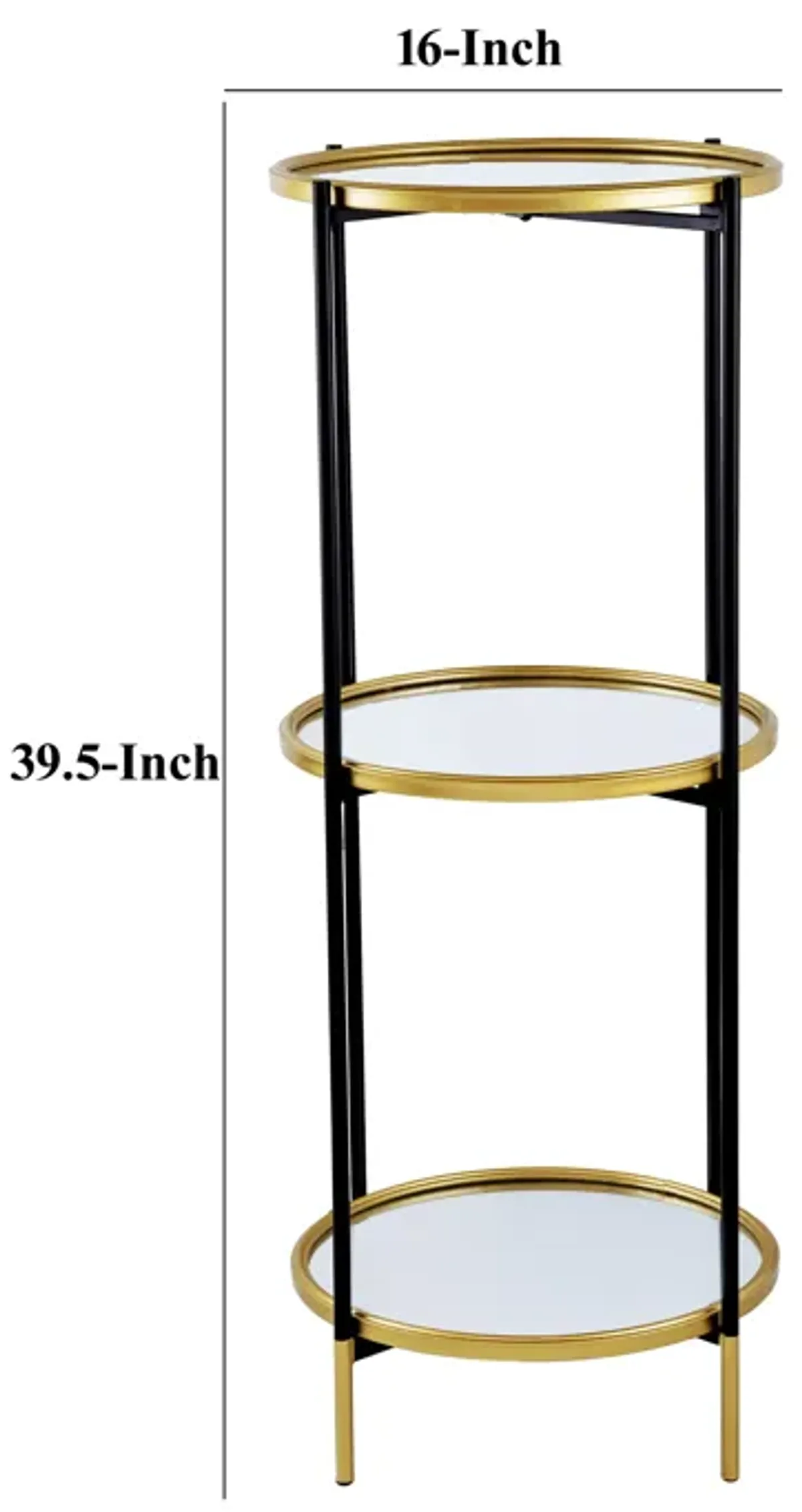 Ara 39 Inch Round 3 Tier Shelf, Metal, Mirrored Glass Shelves, Black, Gold-Benzara