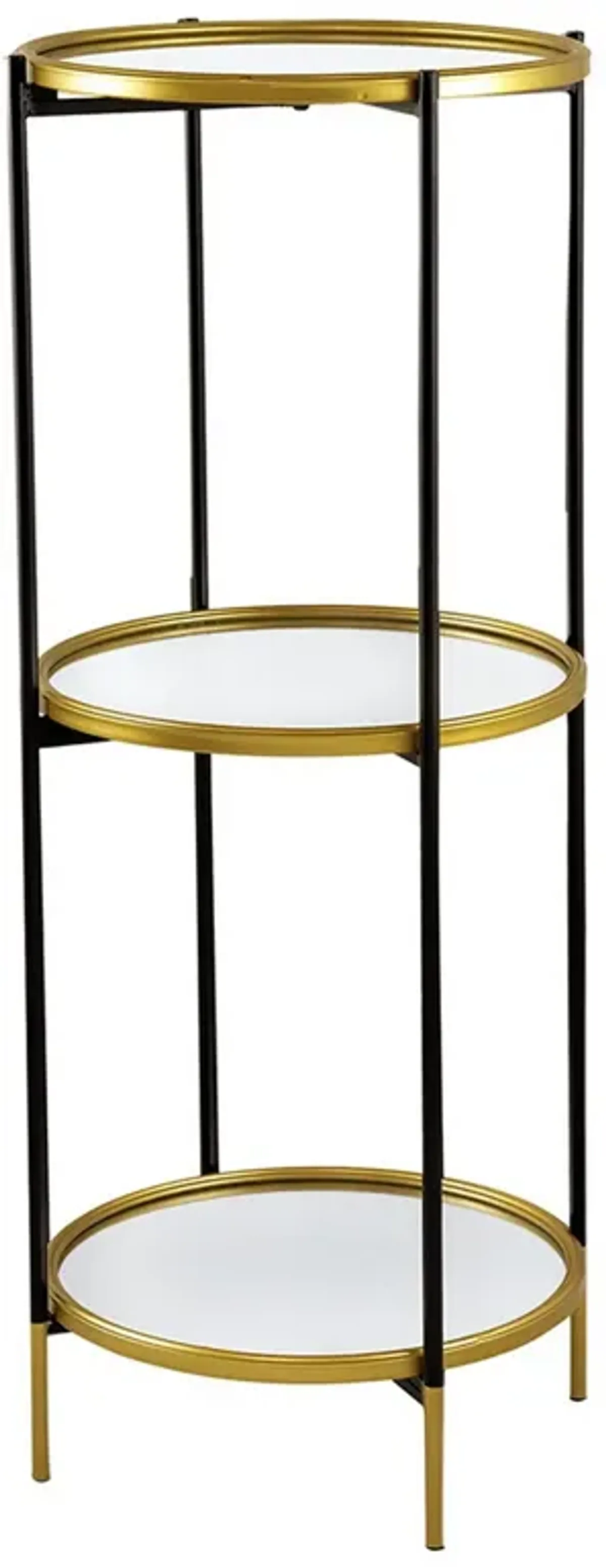 Ara 39 Inch Round 3 Tier Shelf, Metal, Mirrored Glass Shelves, Black, Gold-Benzara