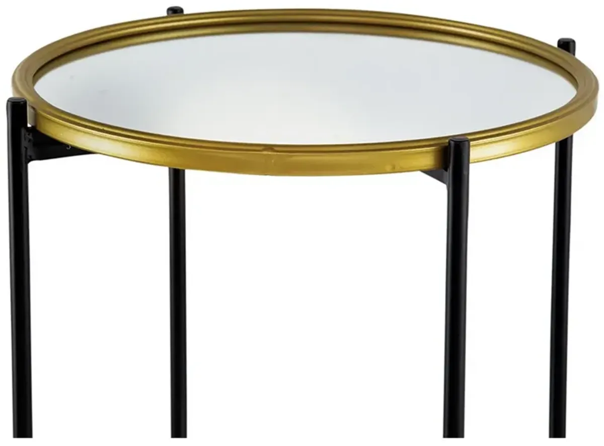 Ara 39 Inch Round 3 Tier Shelf, Metal, Mirrored Glass Shelves, Black, Gold-Benzara