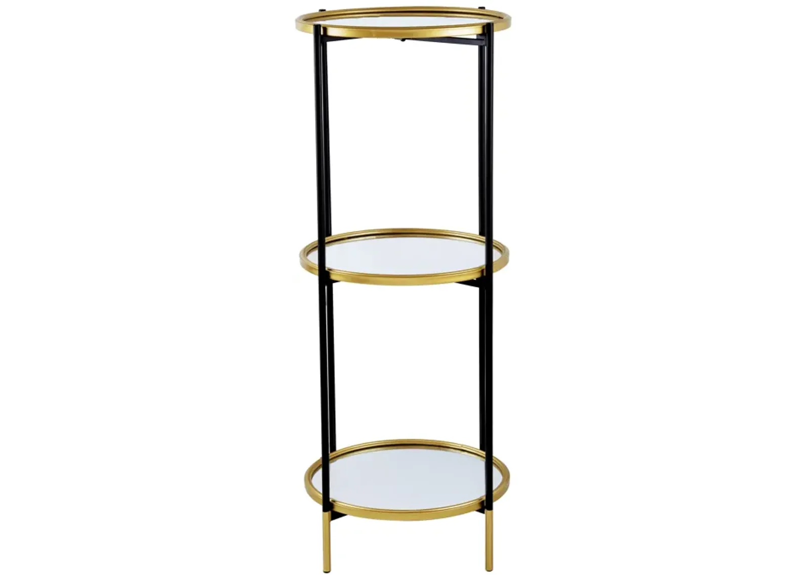 Ara 39 Inch Round 3 Tier Shelf, Metal, Mirrored Glass Shelves, Black, Gold-Benzara