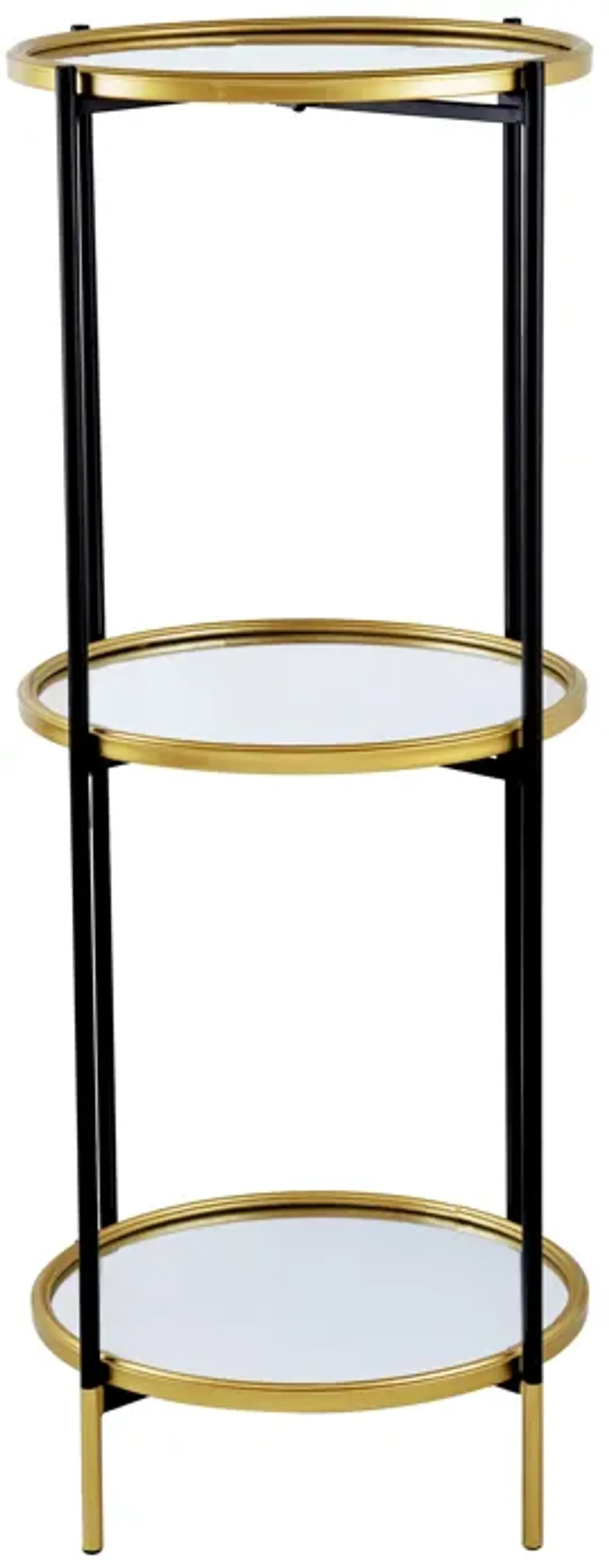 Ara 39 Inch Round 3 Tier Shelf, Metal, Mirrored Glass Shelves, Black, Gold-Benzara