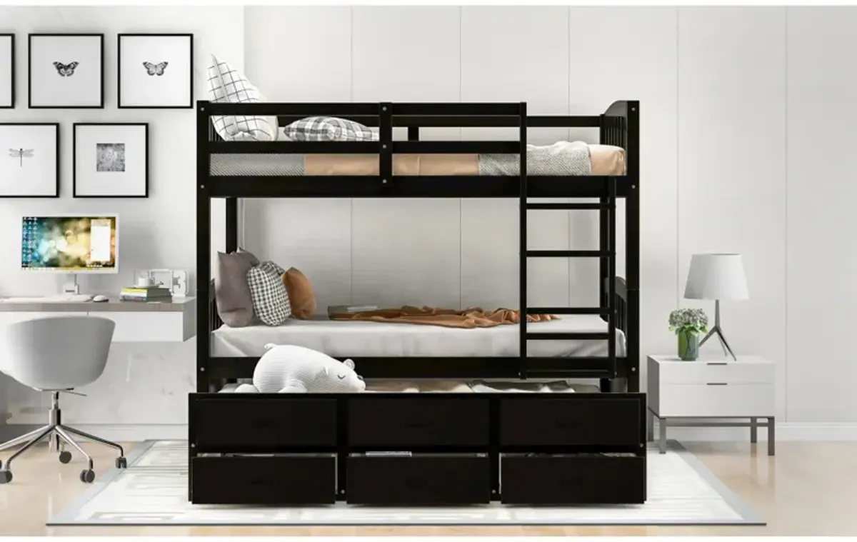 Twin Over Twin Wood Bunk Bed With Trundle And Drawers