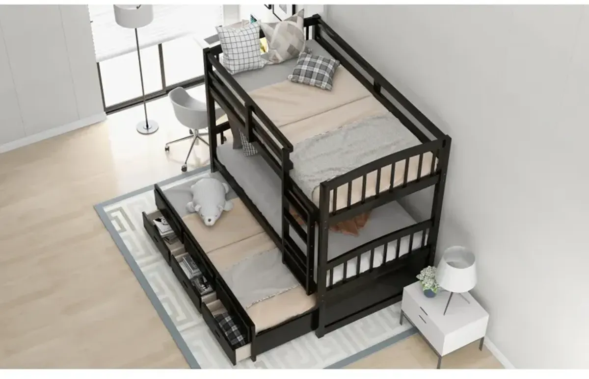 Twin Over Twin Wood Bunk Bed With Trundle And Drawers