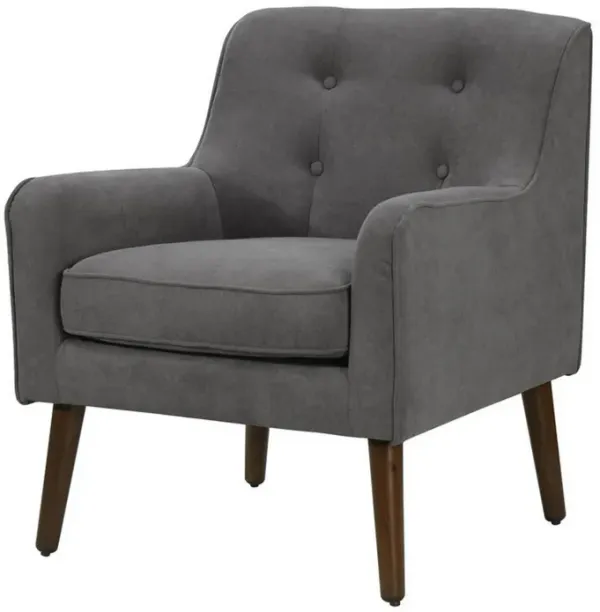 Kina 28 Inch Accent Chair, Gray Fabric, Button Tufted, Angled Wood Legs-Benzara