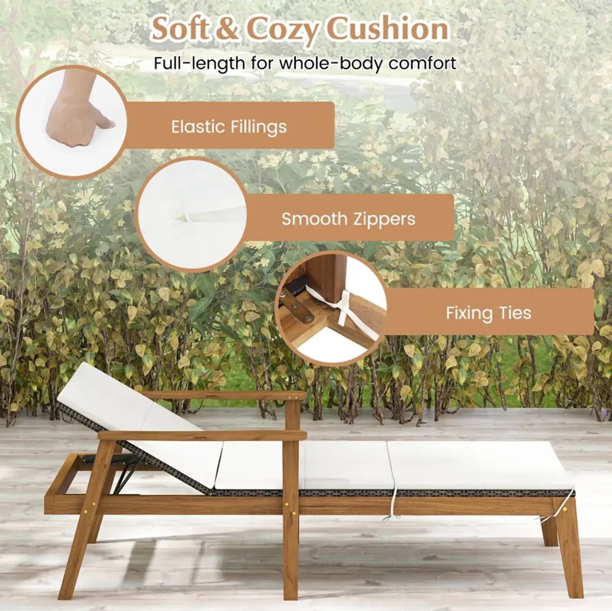 Outdoor Rattan Chaise Lounge Chair with Armrests for Patio Relaxation and Reclining