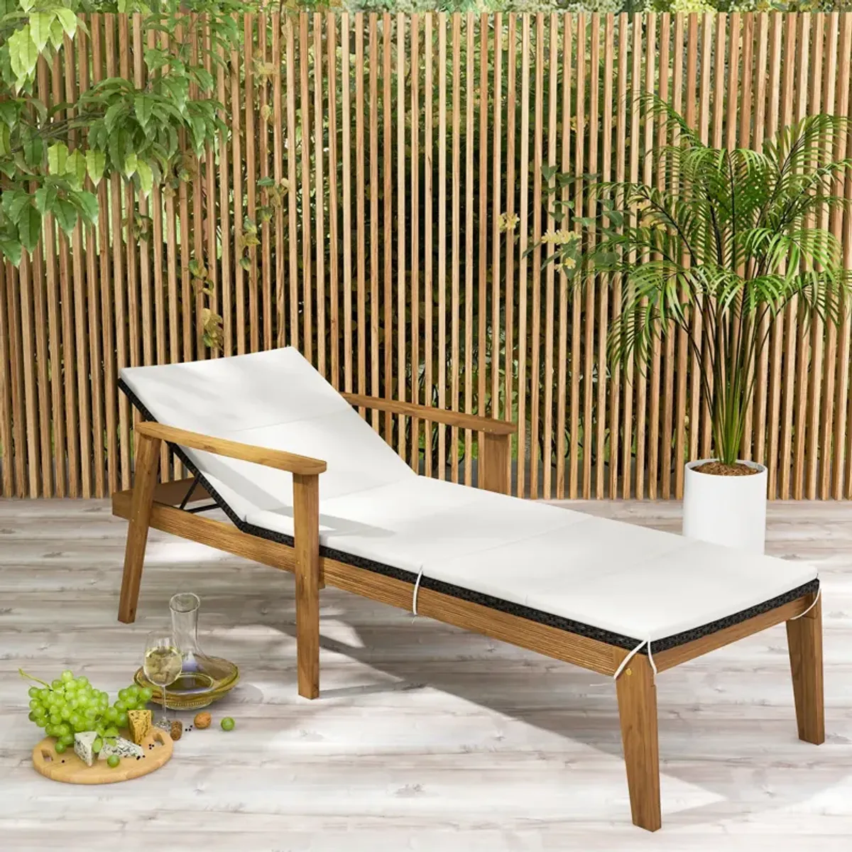 Outdoor Rattan Chaise Lounge Chair with Armrests for Patio Relaxation and Reclining