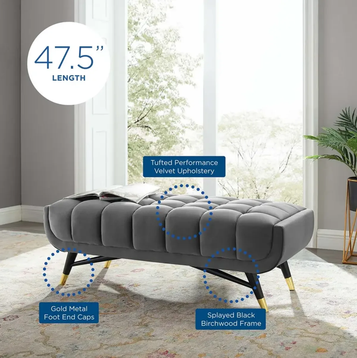 Adept 47.5" Performance Velvet Bench-Benzara