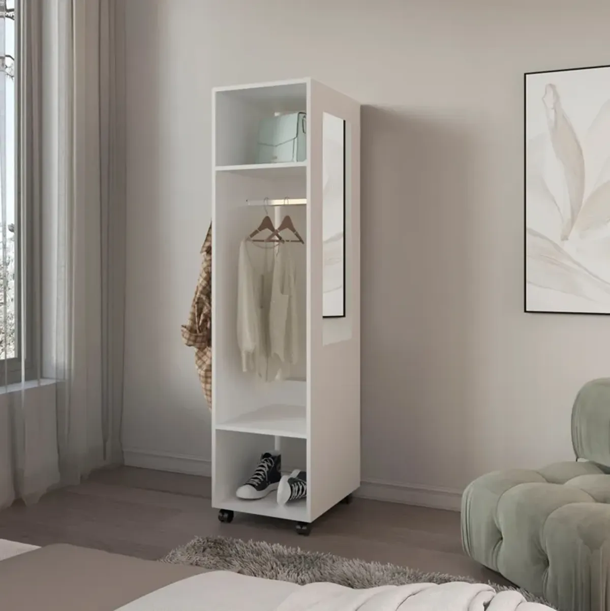 Cordova Armoire 63"H, with 3 Shelves, 1 Mirror, and 4 Wheels, White