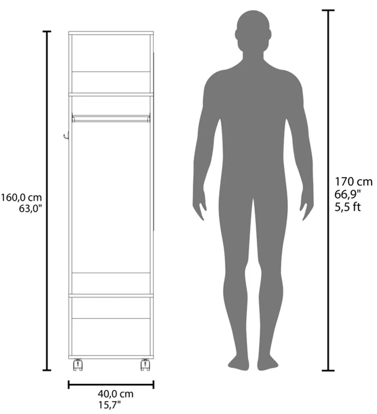 Cordova Armoire 63"H, with 3 Shelves, 1 Mirror, and 4 Wheels, White