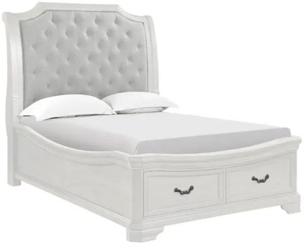 Lynda Queen Sleigh Bed, Footboard Storage Drawers, White Upholstery - Benzara